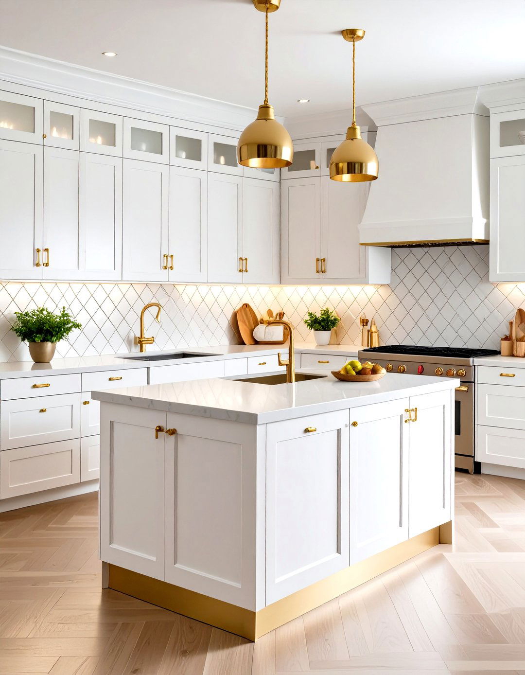 White Diamond Pattern Tiles with Gold Center Medallions - 24 White and Gold Kitchen Backsplash Ideas