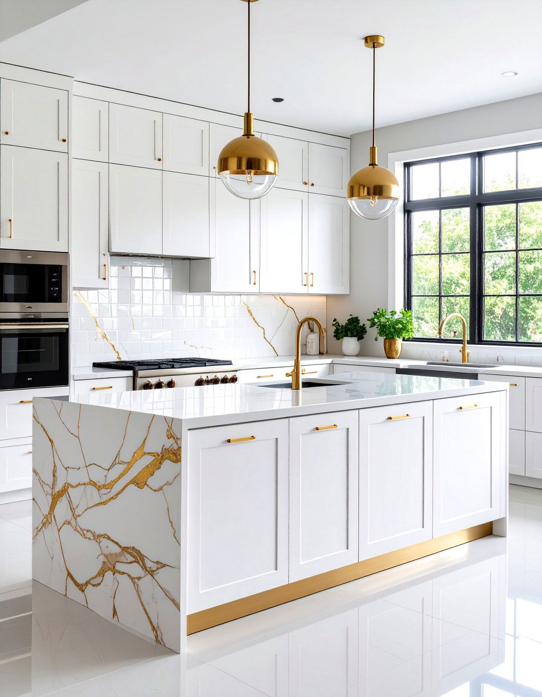 White Glass Subway Tiles with Gold Veining - 24 White and Gold Kitchen Backsplash Ideas