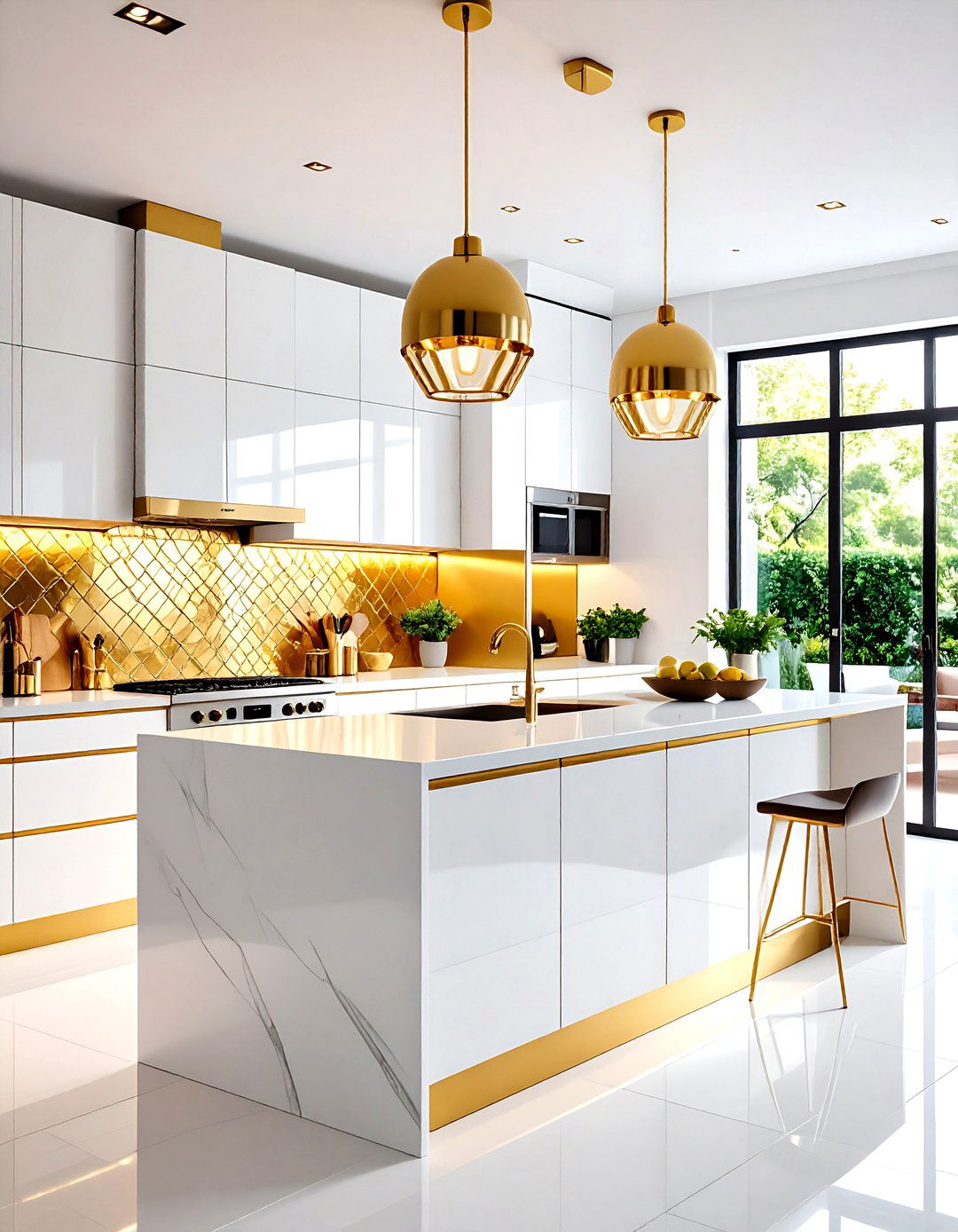 White Glass Tiles with Integrated Gold Metallic Finish - 24 White and Gold Kitchen Backsplash Ideas