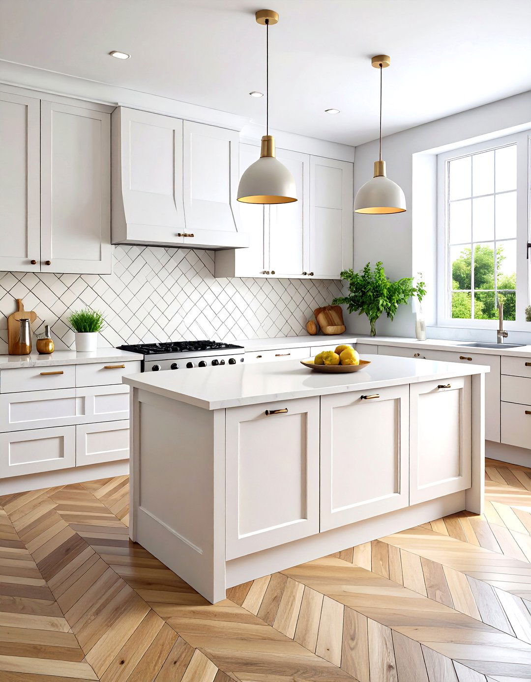 White Herringbone Layout - 24 White Kitchen Backsplash Ideas