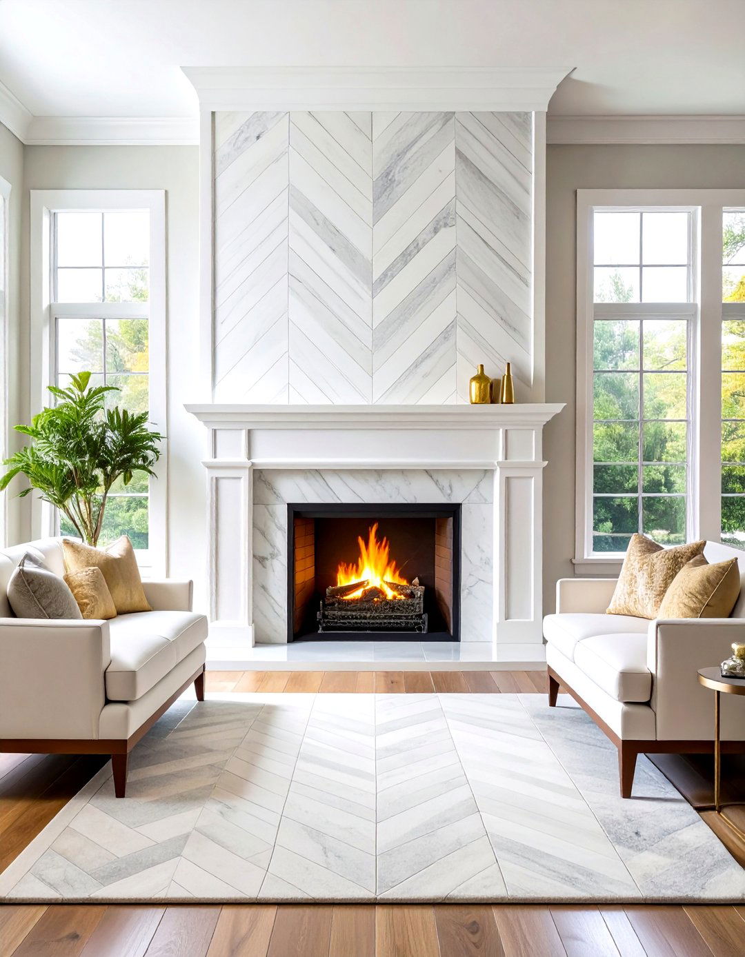 White Herringbone Marble Fireplace Design - 24 White Fireplace Ideas
