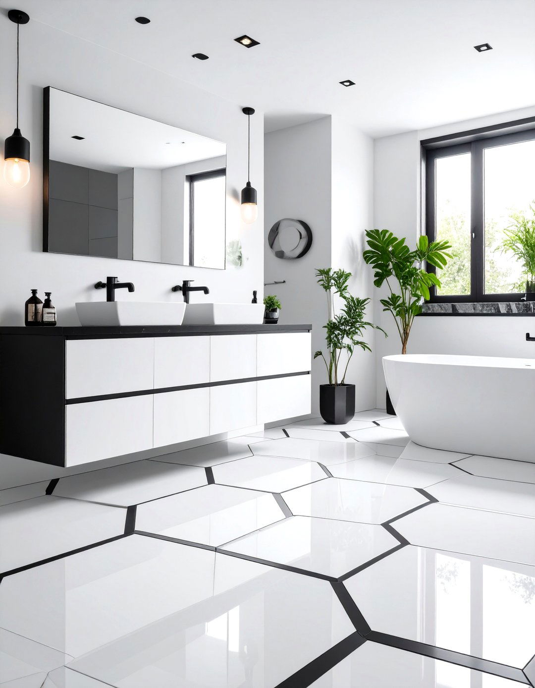White Hexagon Floors with Contrasting Grout - 24 Bathrooms With Hexagon Tile Floors