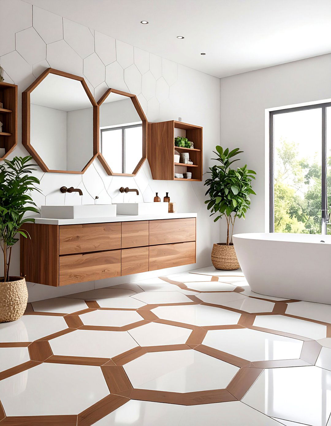 White Hexagon Tiles with Brown Border Design - 24 Brown and White Bathroom Ideas