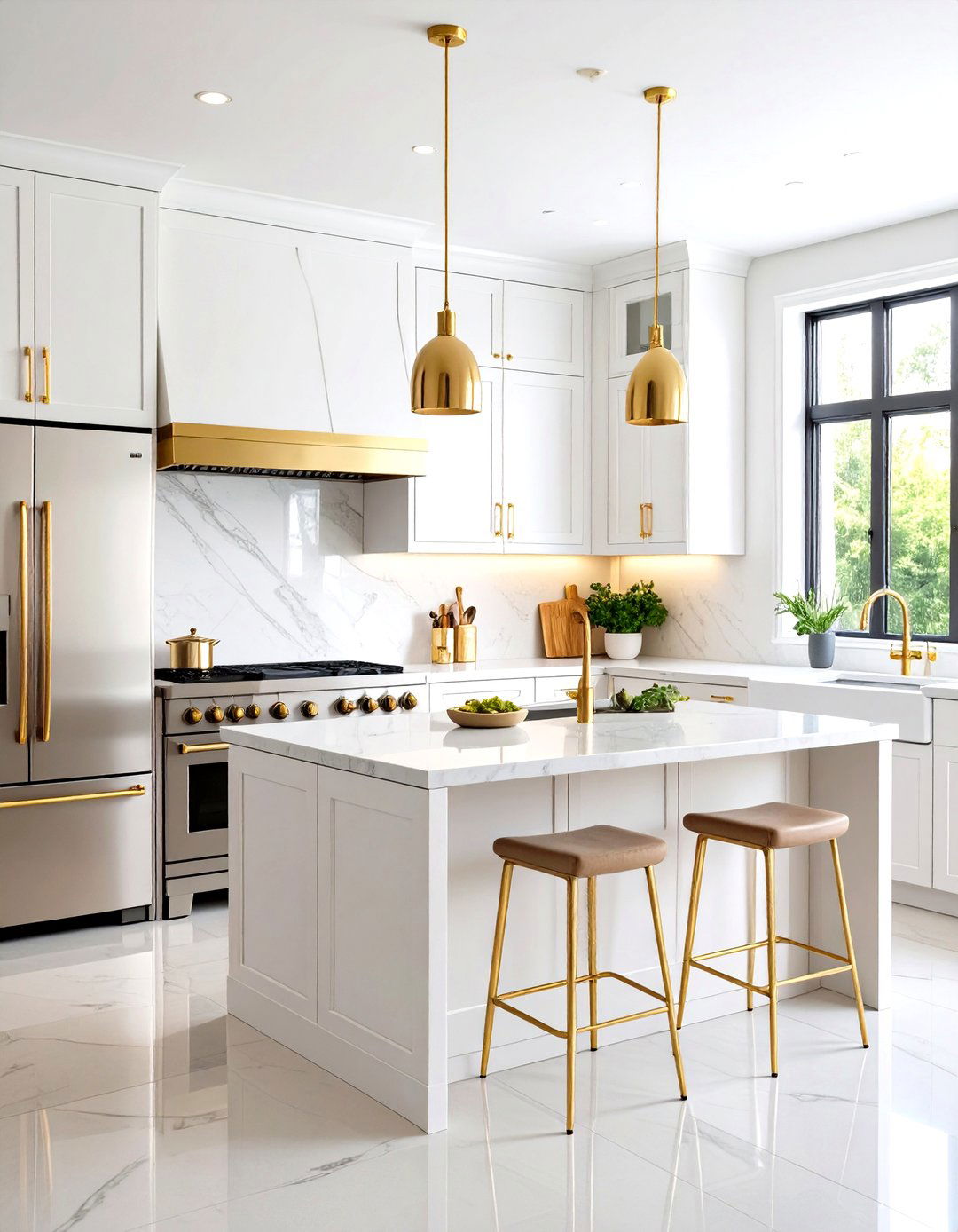White Kitchen with Brass Hardware and Stainless Steel Appliances - 24 White Kitchen with Stainless Steel Appliances Ideas