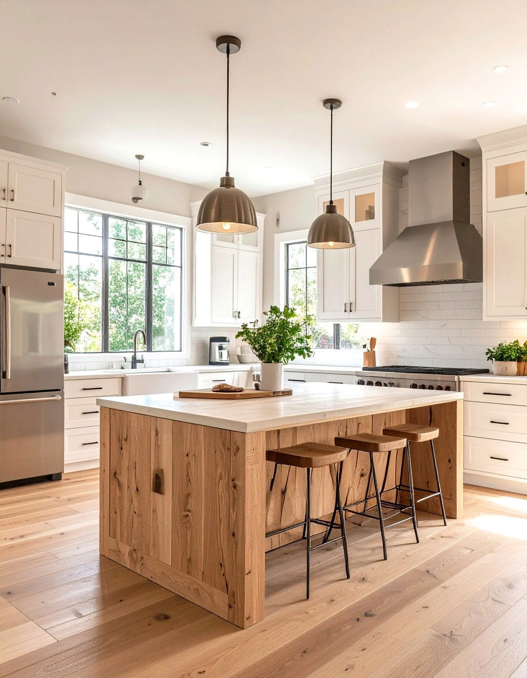 White Kitchen with Butcher Block Island and Stainless Steel Appliances - 24 White Kitchen with Stainless Steel Appliances Ideas