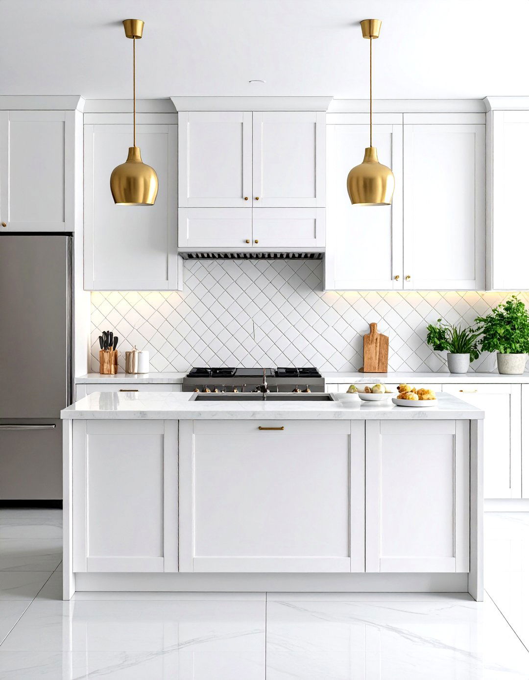 White Kitchen with Ceramic Tile Backsplash and Stainless Steel Suite - 24 White Kitchen with Stainless Steel Appliances Ideas