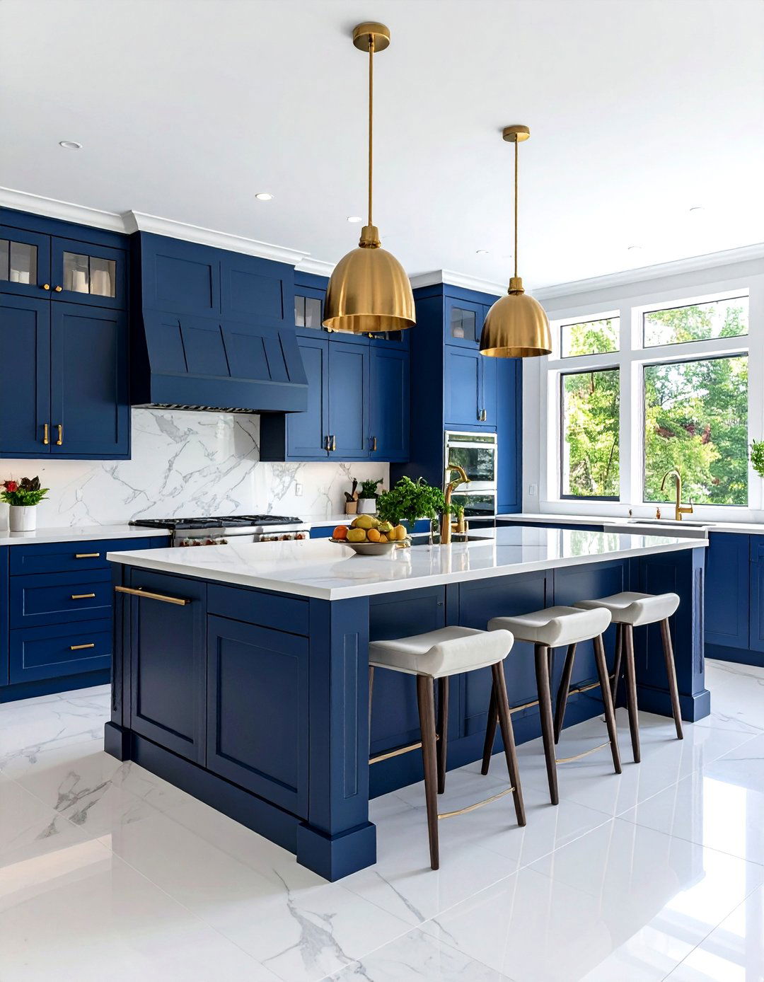 White Kitchen with Contrasting Navy Island and Stainless Steel Appliances - 24 White Kitchen with Stainless Steel Appliances Ideas