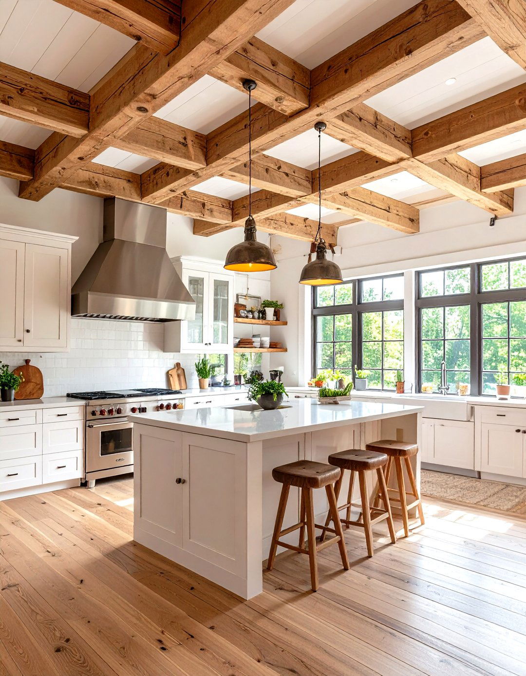 White Kitchen with Exposed Wood Beams and Stainless Steel Range Hood - 24 White Kitchen with Stainless Steel Appliances Ideas
