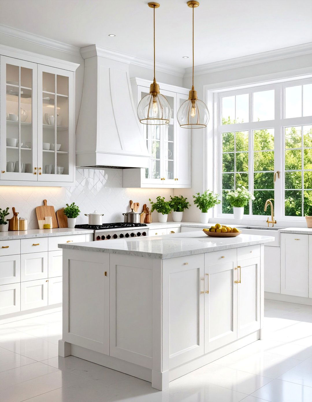 White Kitchen with Glass Front Upper Cabinets - 24 Small White Kitchen Ideas