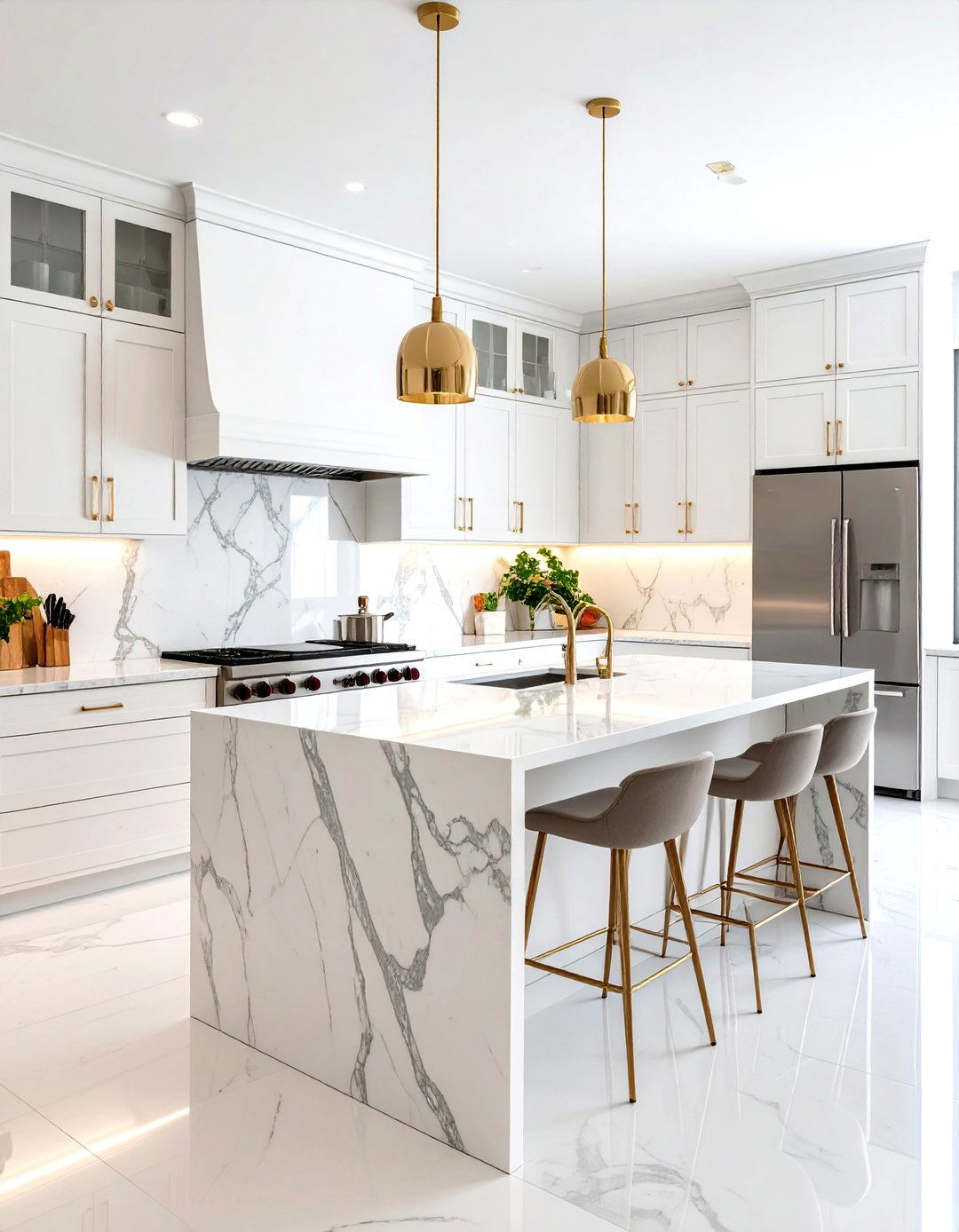 White Kitchen with Marble Slab Backsplash and Stainless Steel Appliances - 24 White Kitchen with Stainless Steel Appliances Ideas