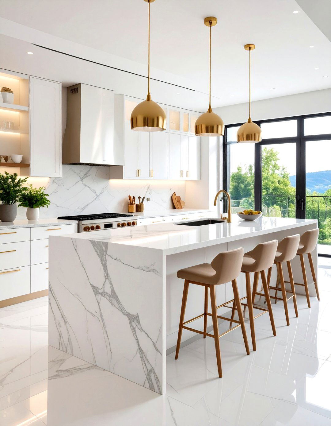 White Kitchen with Marble Waterfall Island - 24 Small White Kitchen Ideas