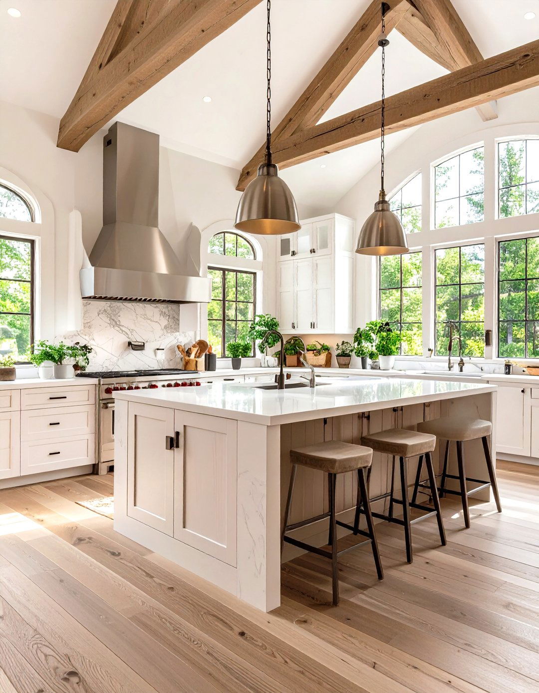 White Kitchen with Vaulted Ceiling and Stainless Steel Pendant Lighting - 24 White Kitchen with Stainless Steel Appliances Ideas