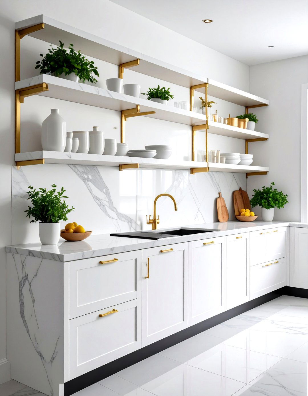 White Marble Floating Shelves - 24 Open Shelving Kitchen Ideas