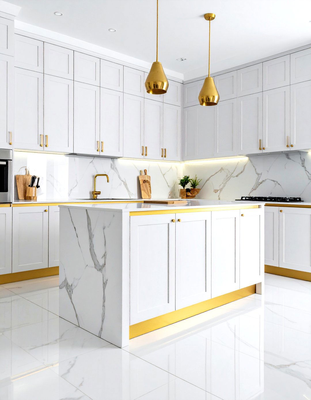 White Marble Picket Tiles with Gold Detail Accents - 24 White and Gold Kitchen Backsplash Ideas