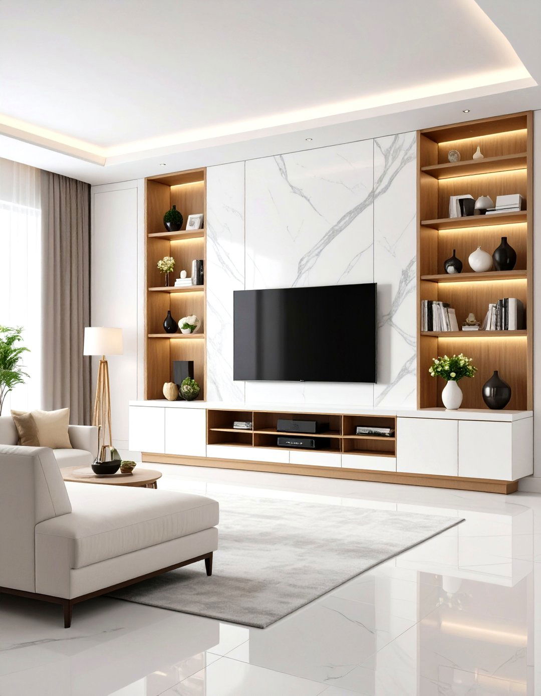 White Marble Stacked Stone with Built in Media Center - 24 Stacked Stone Fireplace Ideas
