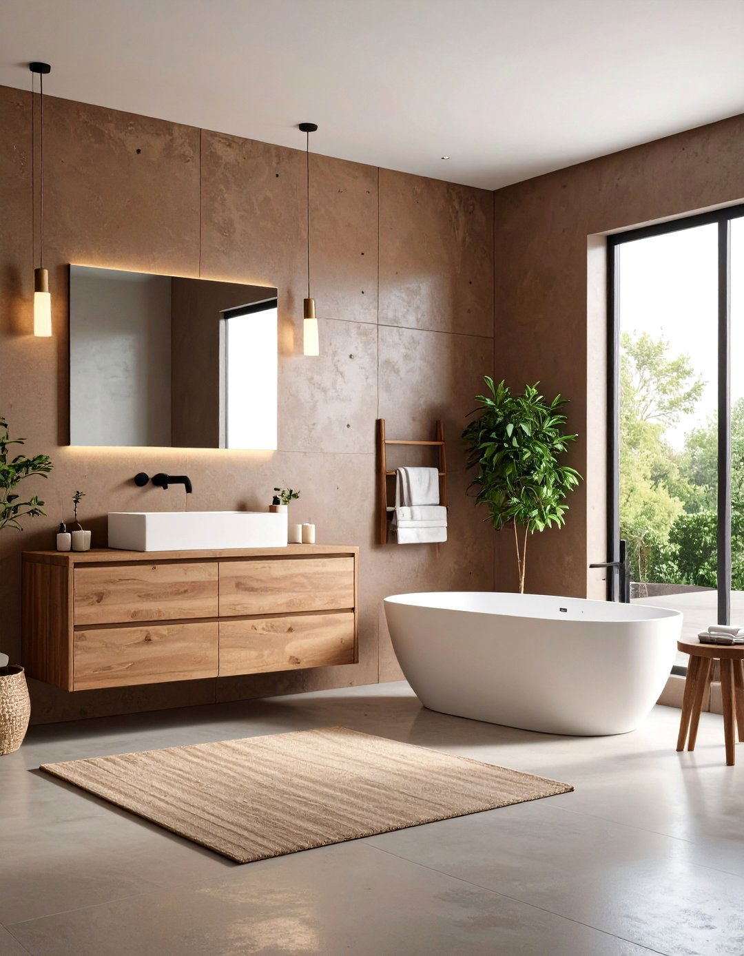 White Modern Fixtures with Brown Concrete Walls - 24 Brown and White Bathroom Ideas