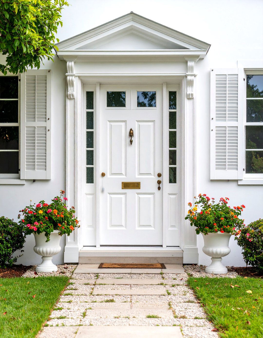 White Monochromatic Colonial Elegance - 24 Colonial Front Door Ideas
