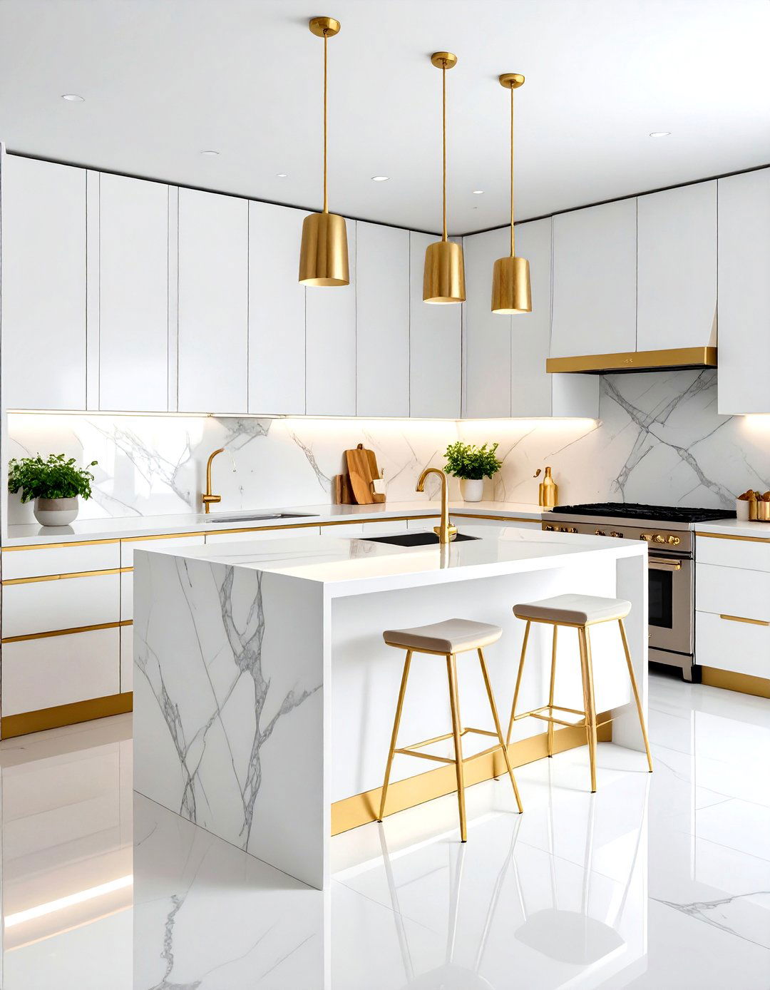 White Natural Stone with Gold Metal Strip Accents - 24 White and Gold Kitchen Backsplash Ideas