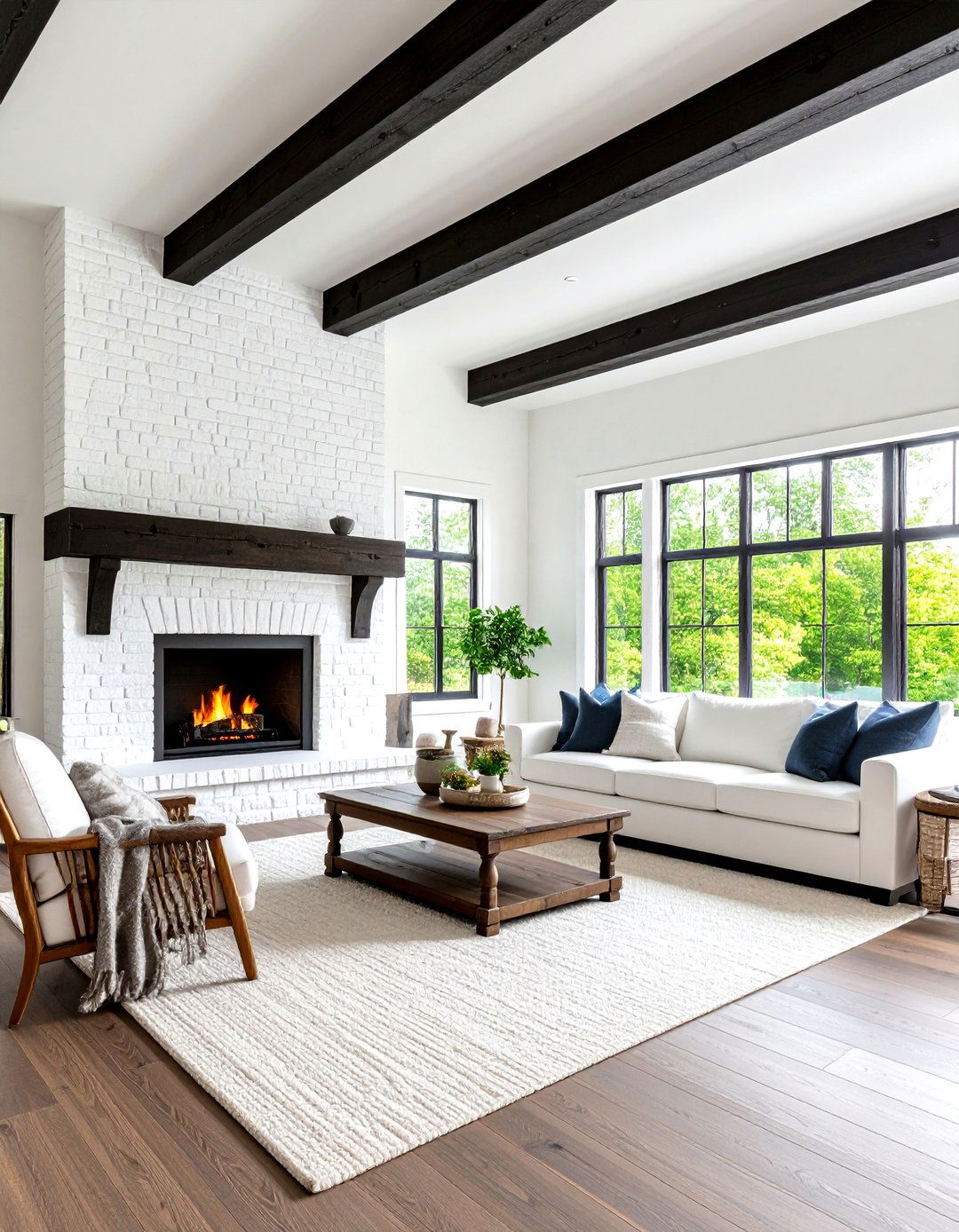 White Painted Brick with Dark Wood Beams - 24 French Country Fireplace Ideas
