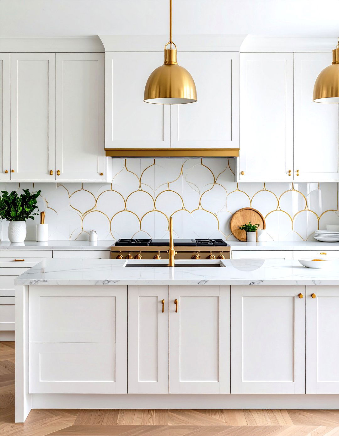 White Penny Round Tiles with Gold Outline Detailing - 24 White and Gold Kitchen Backsplash Ideas
