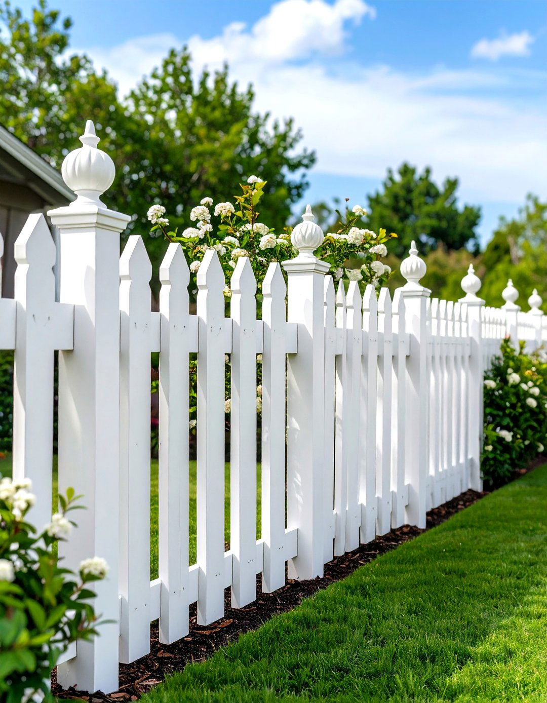 White Privacy Fence with Decorative Post Caps - 24 White Privacy Fence Ideas