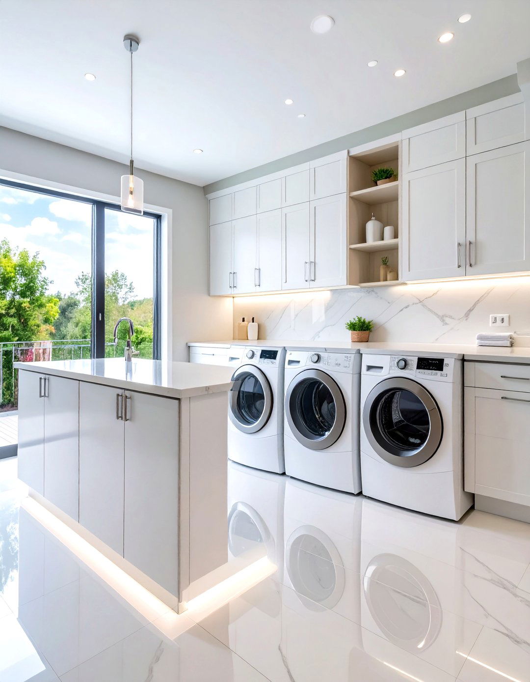White Quartz Waterfall Countertops - 24 White Laundry Room Ideas