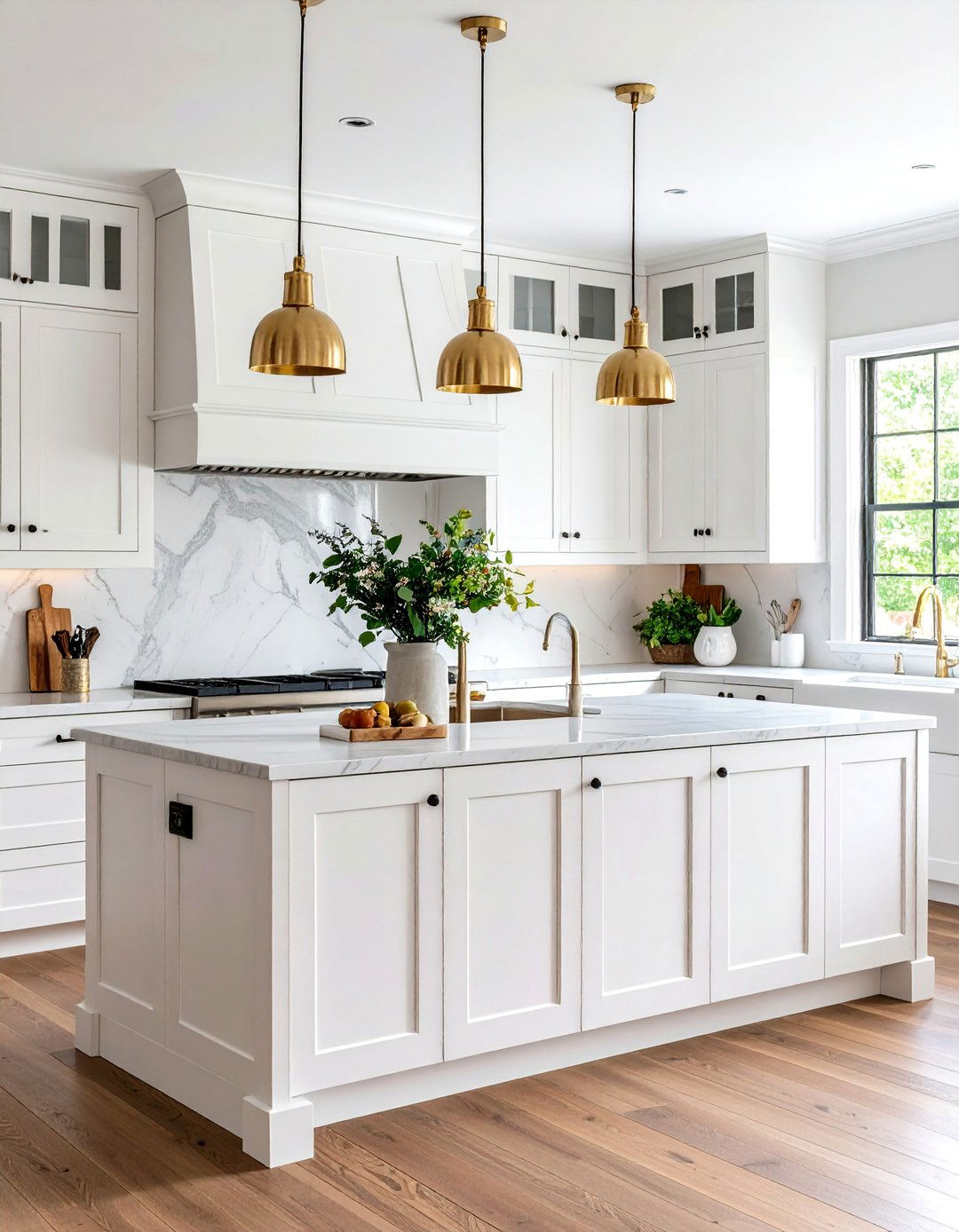White Shaker Cabinets with Black Hardware and Gold Accents - 24 black white and gold kitchen ideas