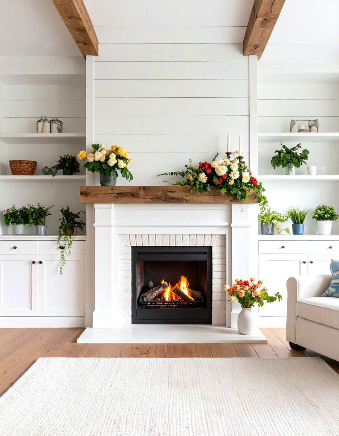 White Shiplap Fireplace Wall - 24 Farmhouse Fireplace Ideas