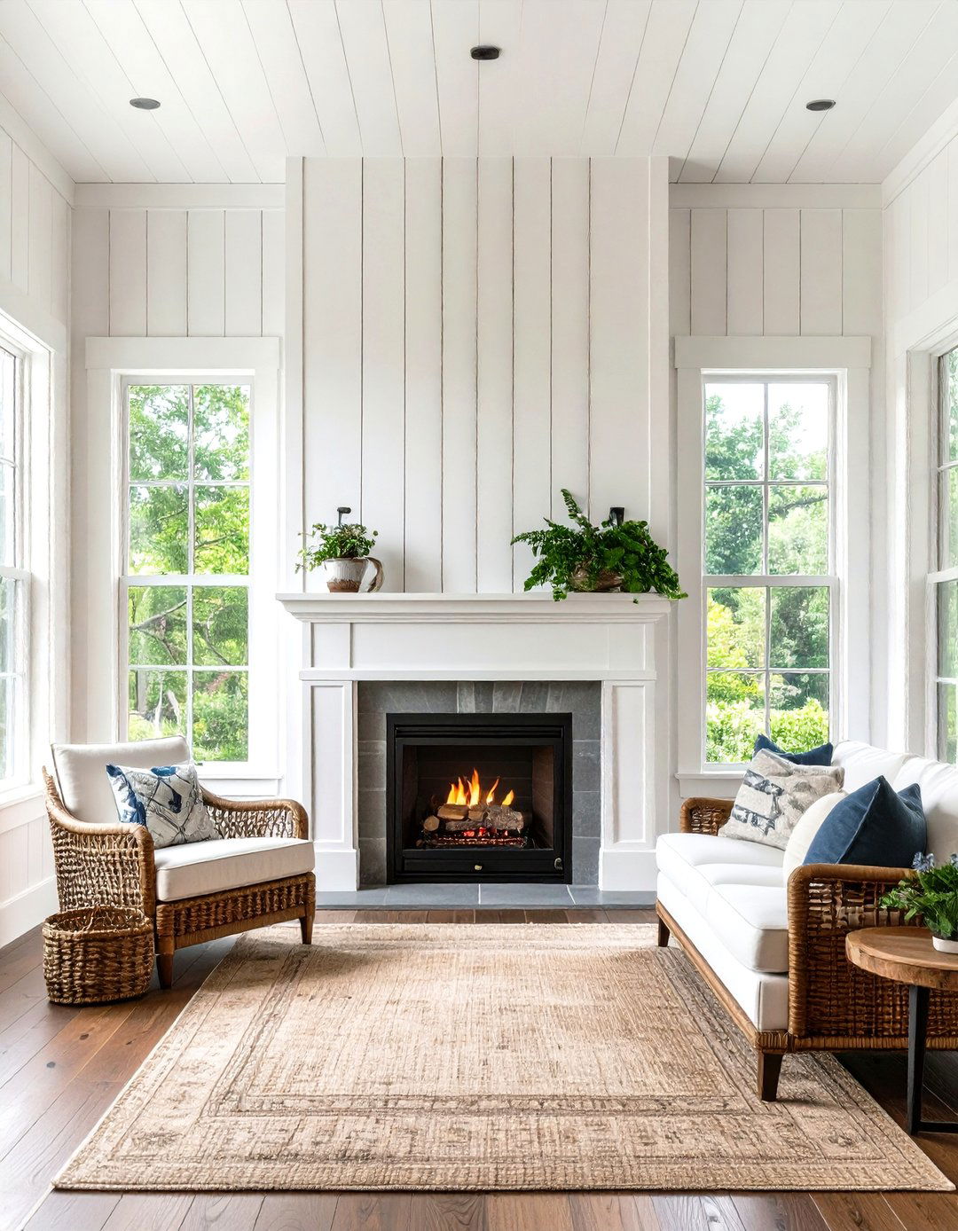 White Shiplap Fireplace with Narrow Side Windows - 24 Fireplace Between Windows Ideas