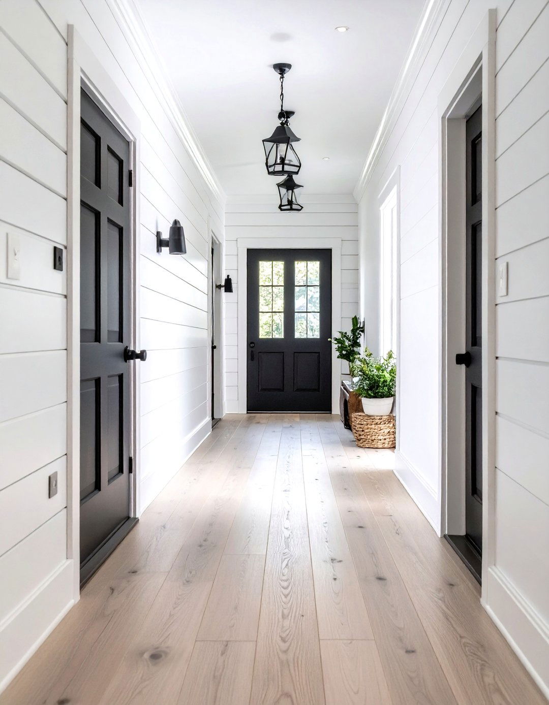 White Shiplap Wall Treatment - 24 Black and White Hallway Ideas