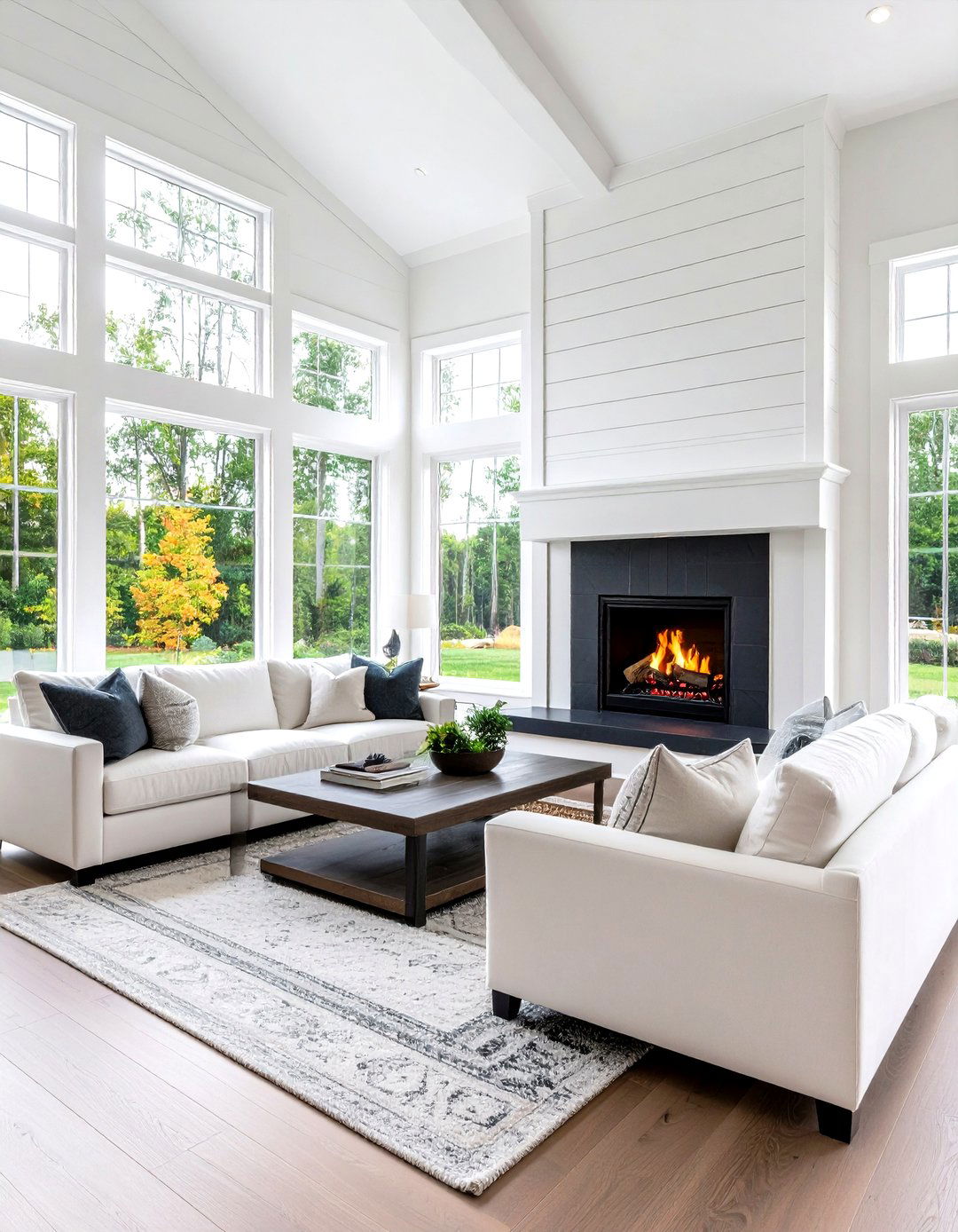 White Shiplap with Contrasting Hearth - 24 White Fireplace Ideas