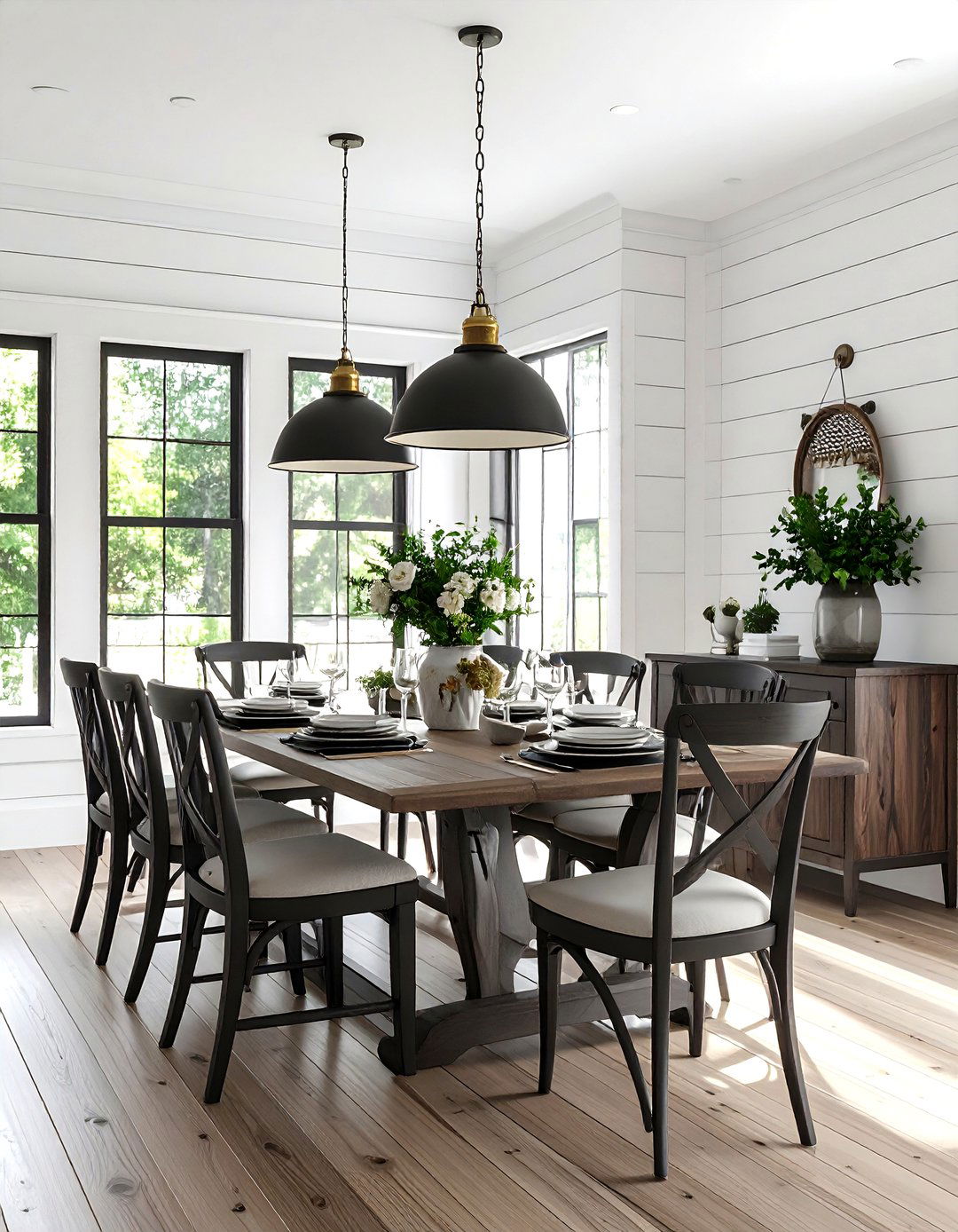 White Shiplap with Dark Wood Trim - 24 Shiplap Dining Room Wall Ideas