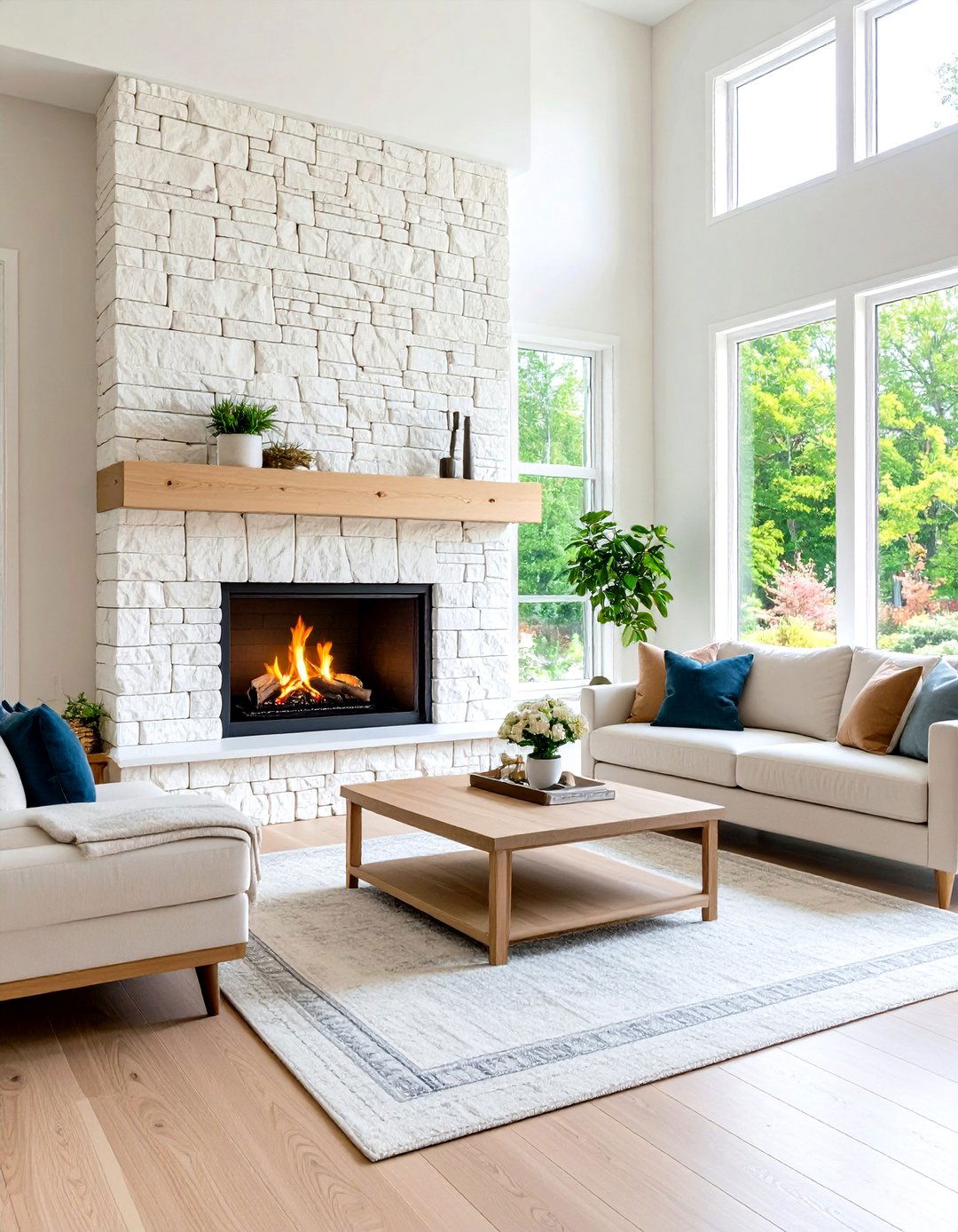 White Stacked Stone Scandinavian Minimalist Design - 24 Stacked Stone Fireplace Ideas