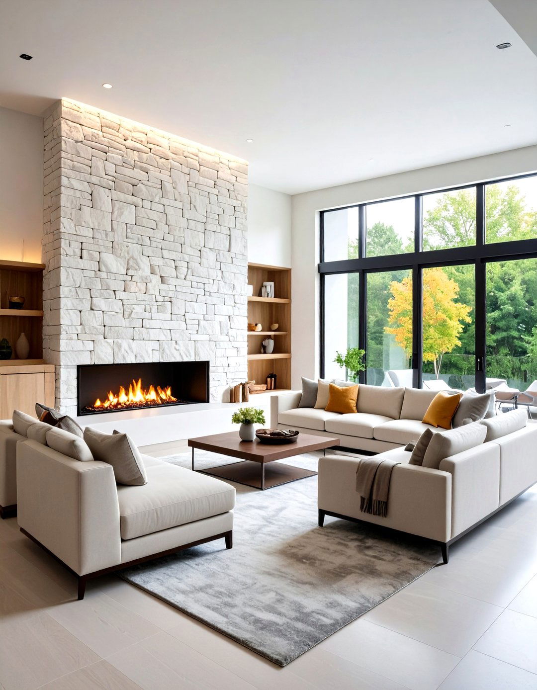 White Stone Statement Accent Wall - 24 White Stone Fireplace Ideas