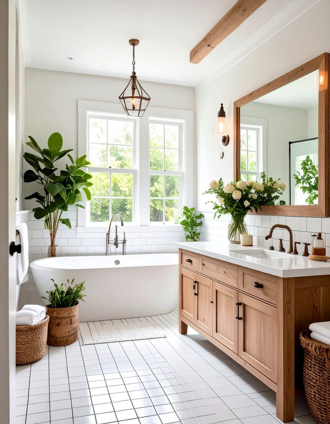 White Subway Tile Modern Farmhouse Bathroom with Dark Grout - 24 Modern Farmhouse Bathroom Ideas