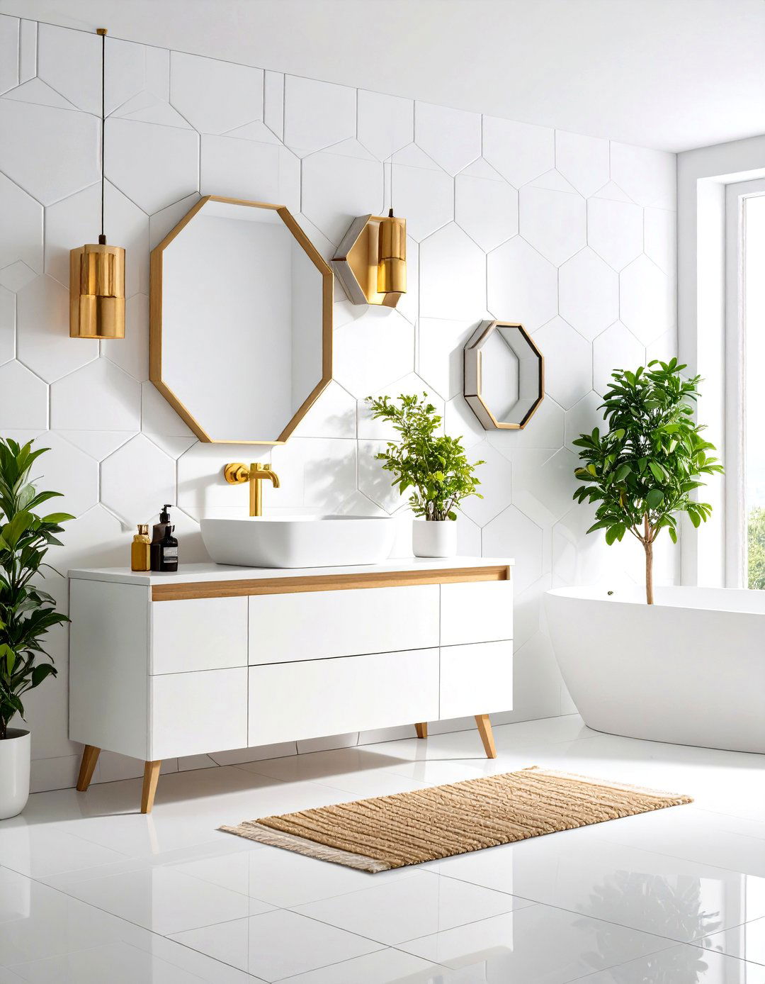 White Tile Geometric Feature Walls - 24 White Tile Bathroom Ideas