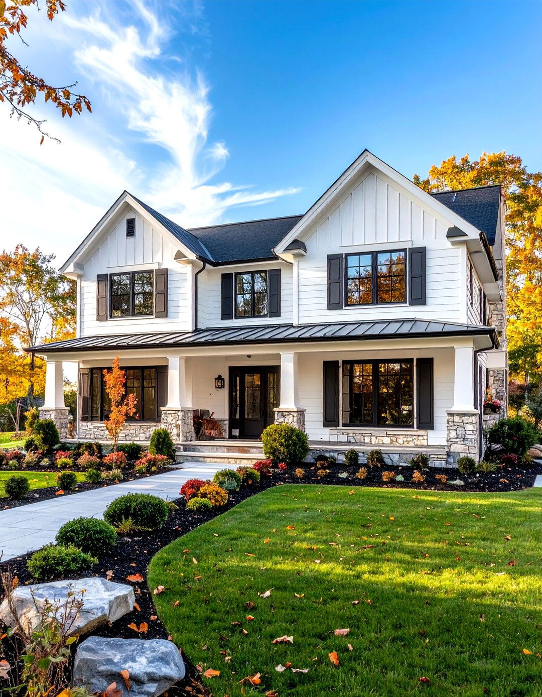 White Transitional with Mixed Material Elements - 24 White Home Exterior Ideas