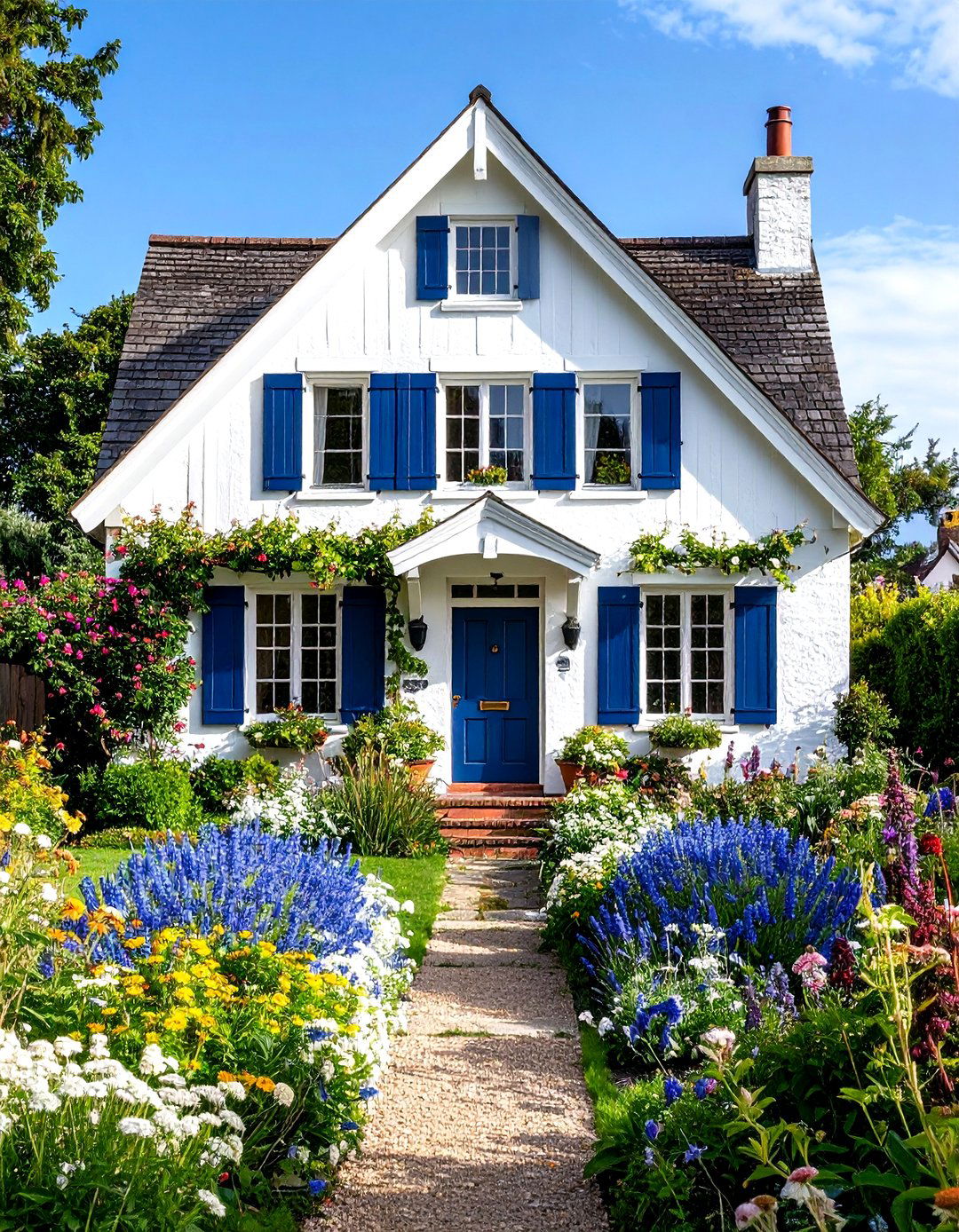 White Tudor Revival with Dark Shutters - 24 White Home Exterior Ideas