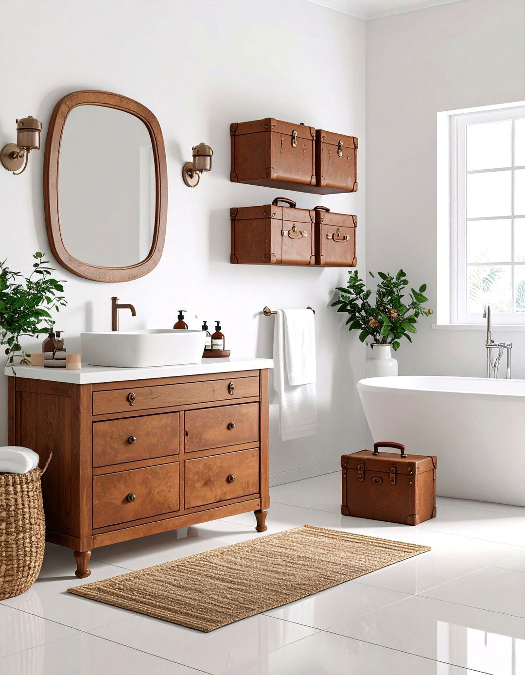 White Walls with Brown Vintage Accessories - 24 Brown and White Bathroom Ideas