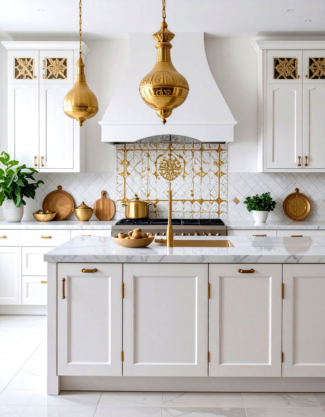 White Zellige Tiles with Gold Metallic Glazed Finish - 24 White and Gold Kitchen Backsplash Ideas