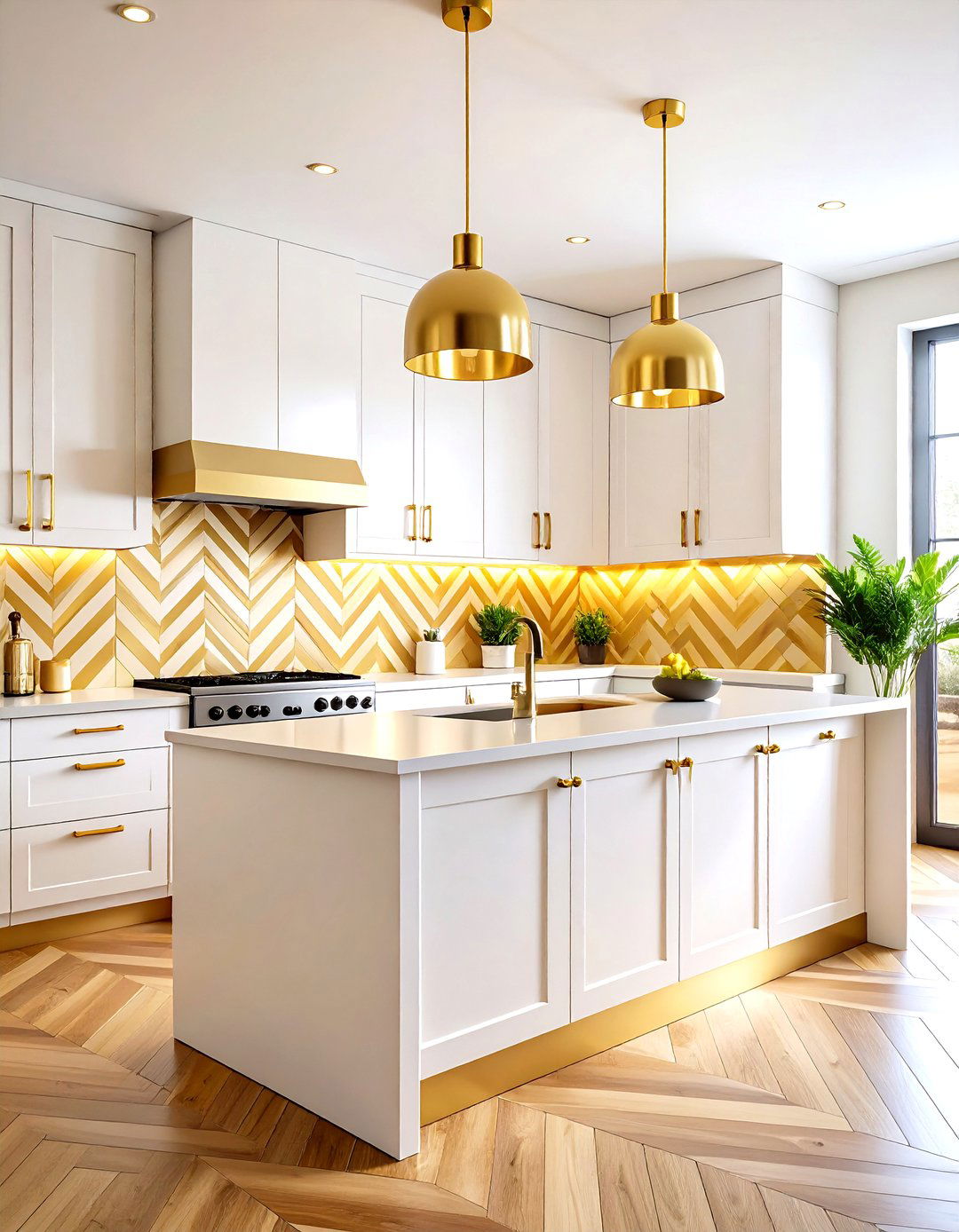 White and Gold Chevron Pattern Design - 24 White and Gold Kitchen Backsplash Ideas