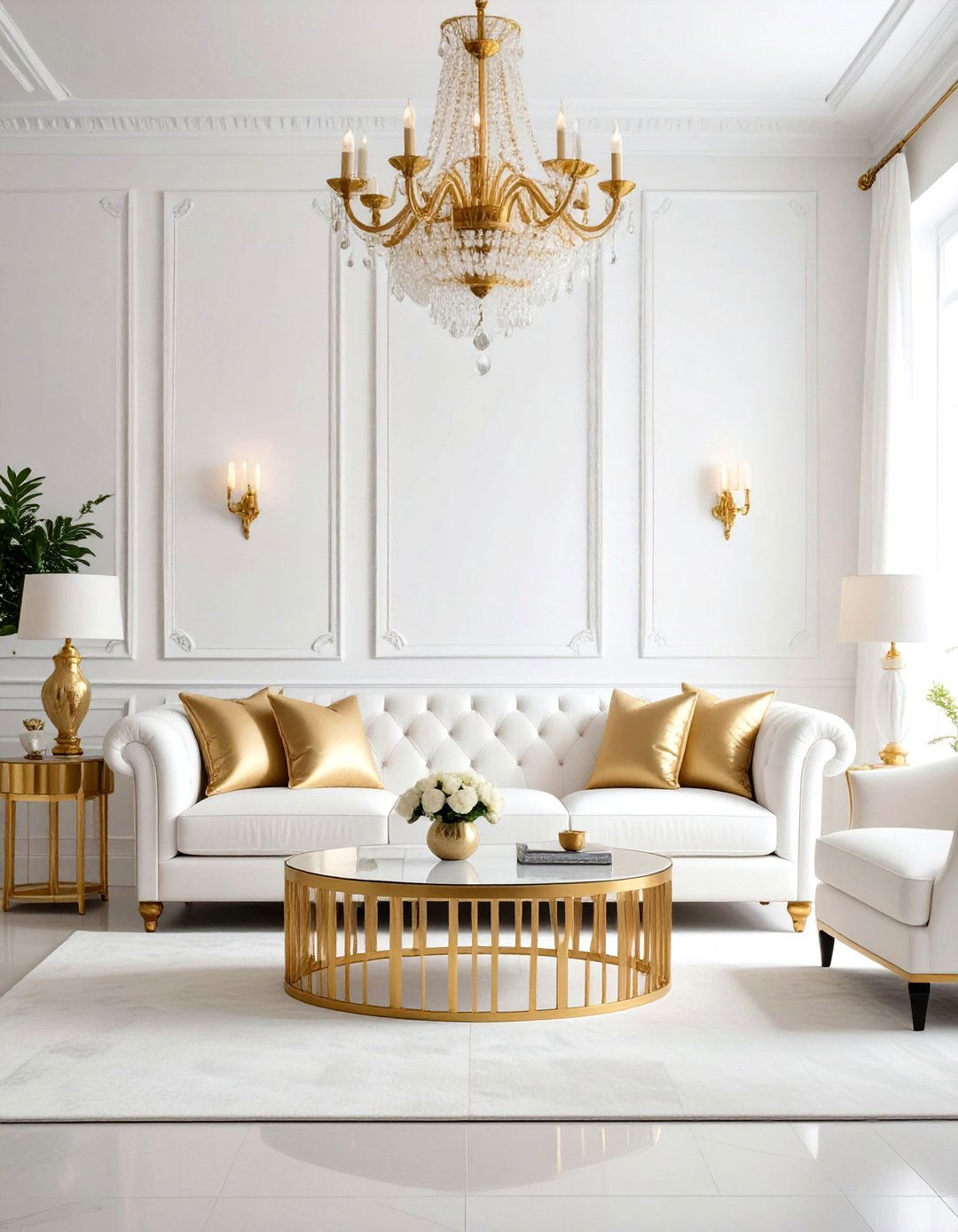 White and Gold Elegant Living Room - 24 Preppy Living Room Ideas