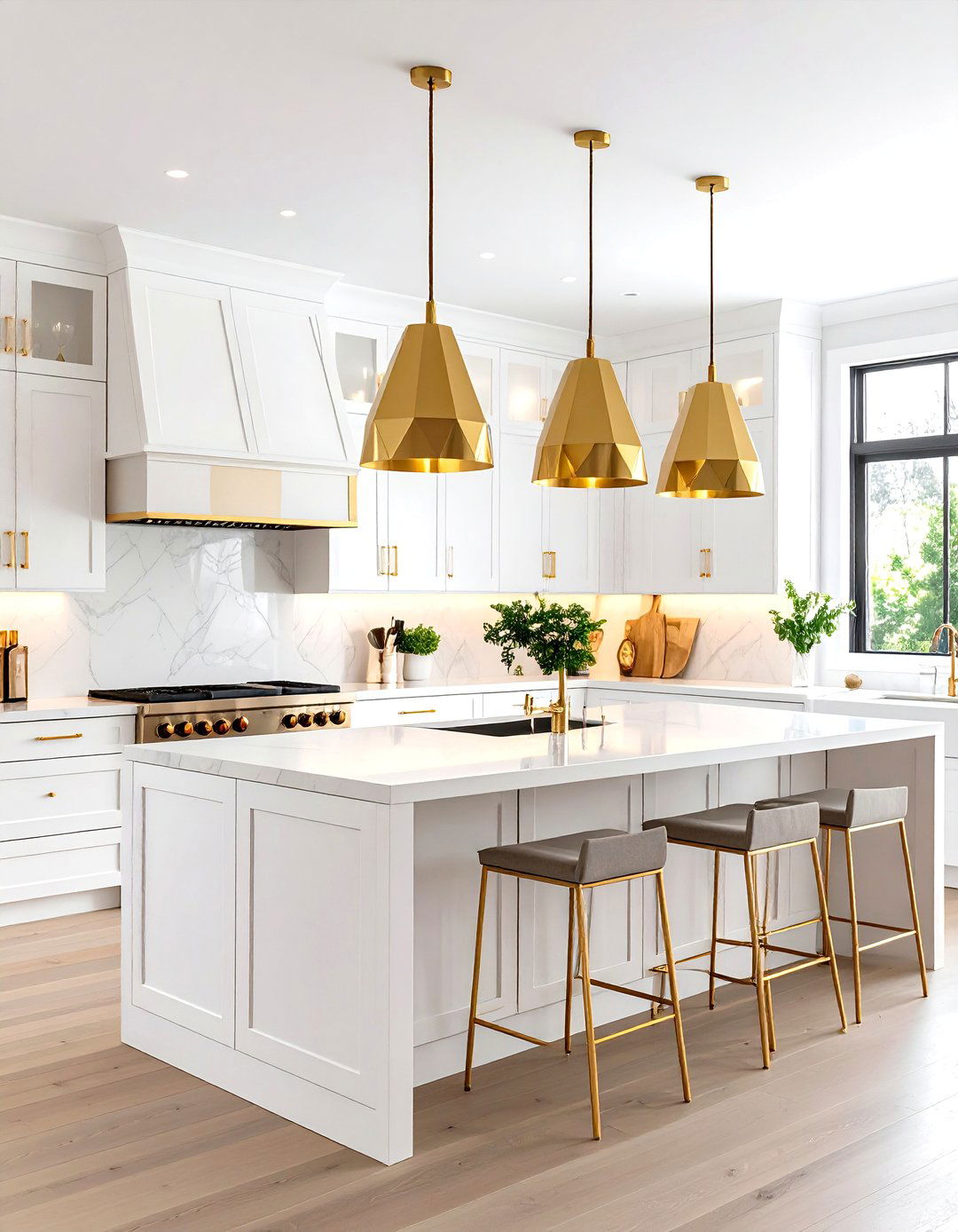 White and Gold Kitchen with Pendant Lighting - 24 White and Gold Kitchen Ideas