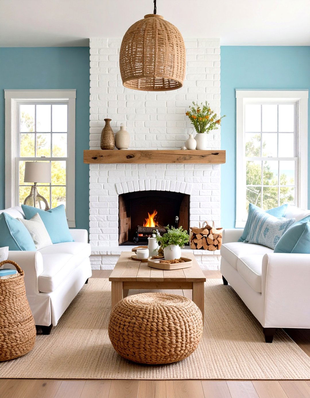 Whitewashed Brick Coastal Living Space - 24 Rustic Living Room With a Brick Fireplace Ideas