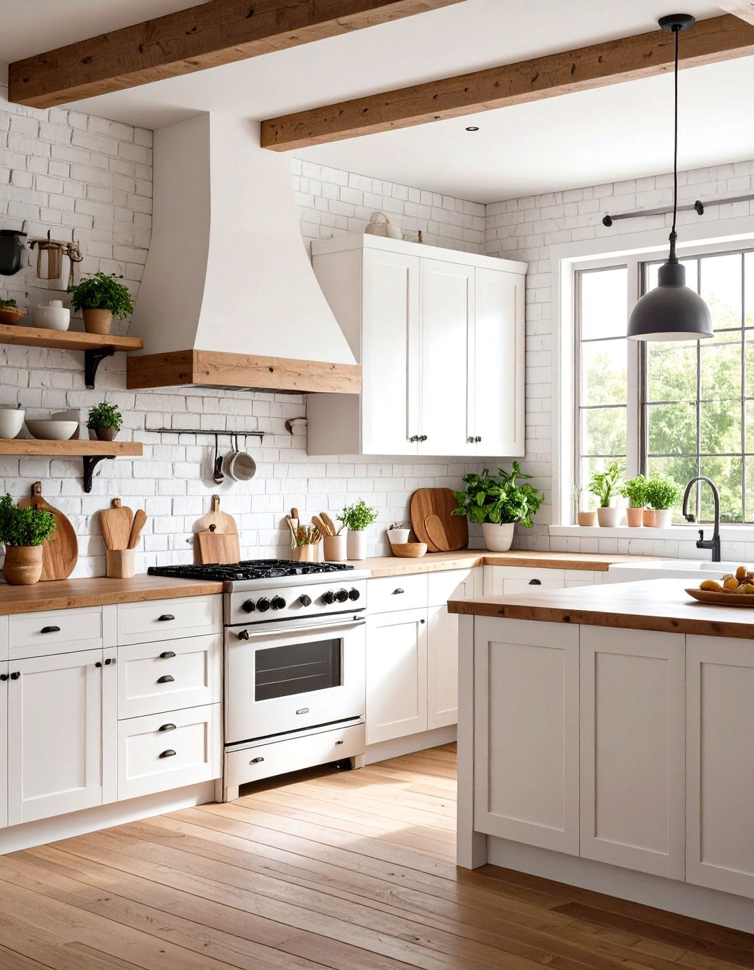 Whitewashed Brick Farmhouse Kitchen - 24 Brick Accent Wall Ideas