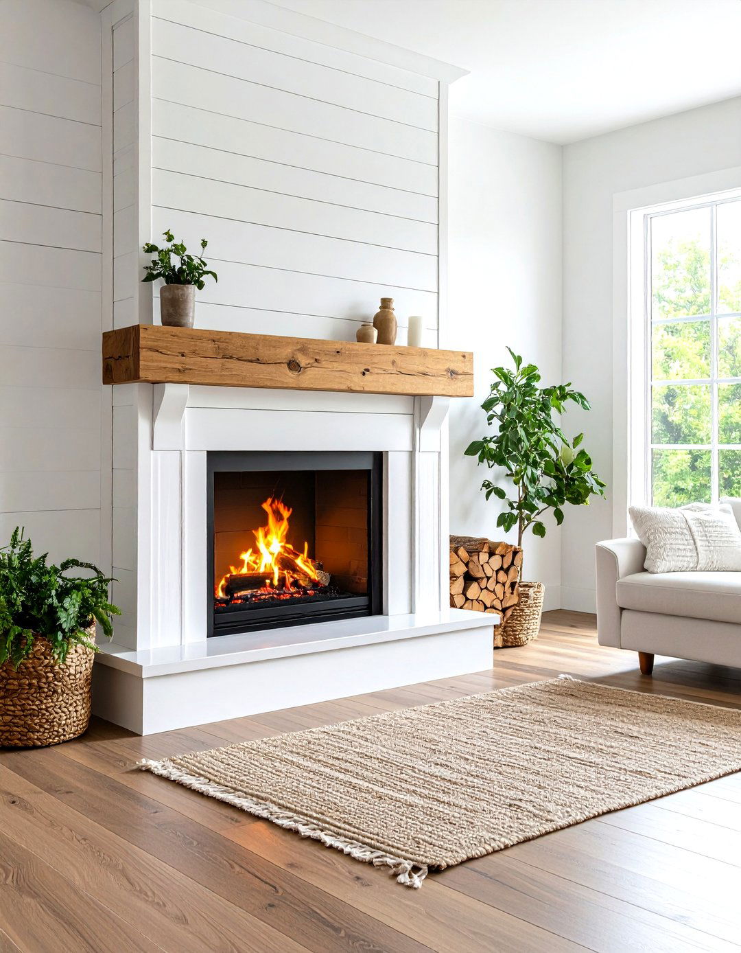 Whitewashed Shiplap Fireplace with Natural Wood Elements - 24 Shiplap Fireplace Ideas