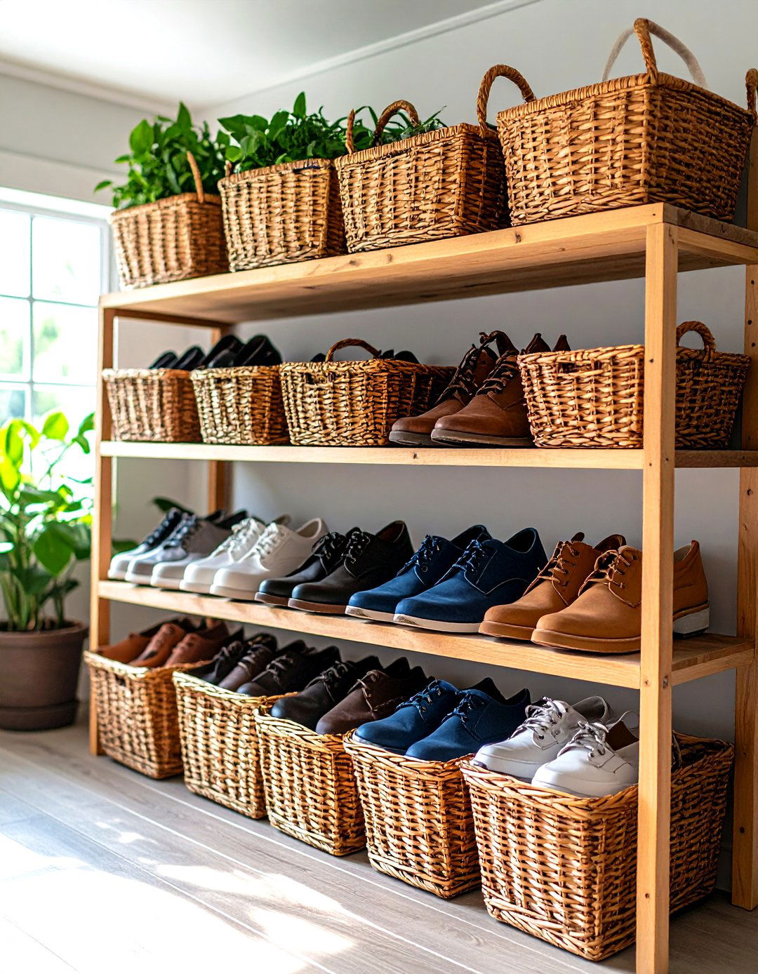 Wicker Basket Shoe Organization - 24 Garage Shoe Storage Ideas