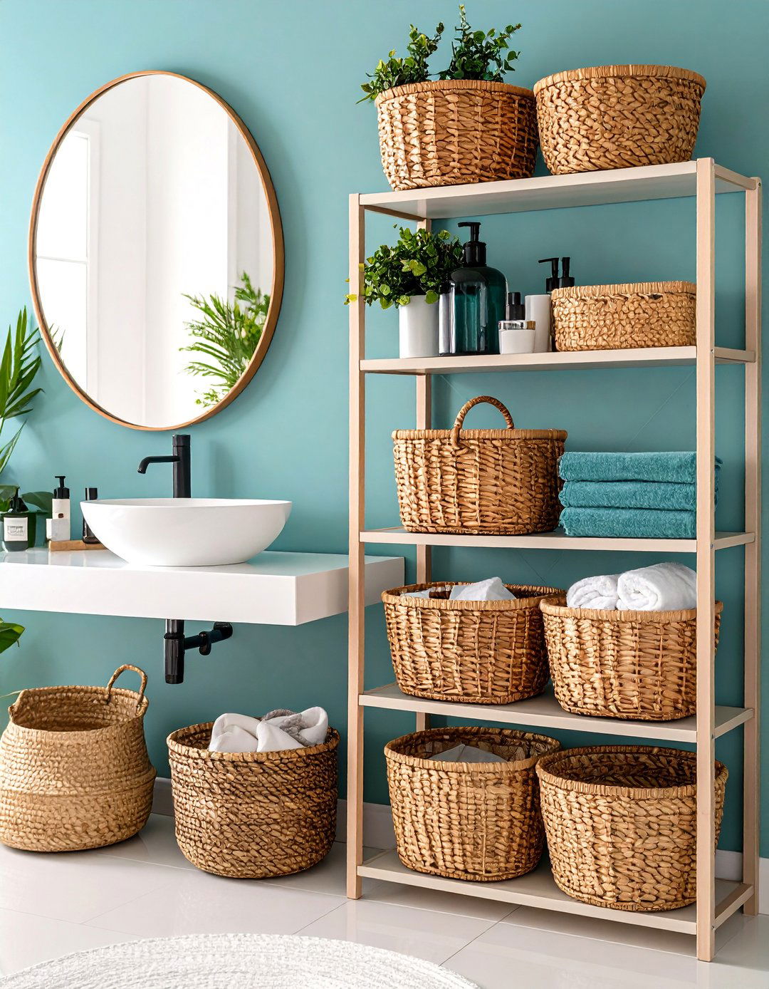 Wicker Basket Storage Organization System - 24 Bathroom Storage Ideas