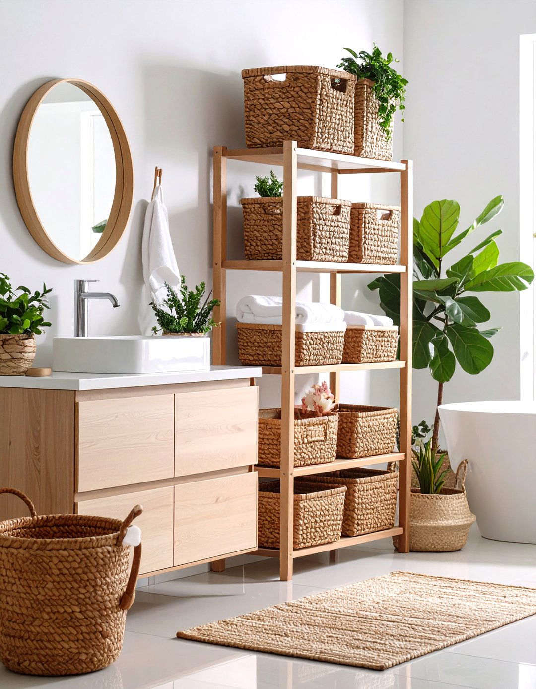 Wicker Basket Tower Storage - 24 Bathroom Towel Rack Ideas