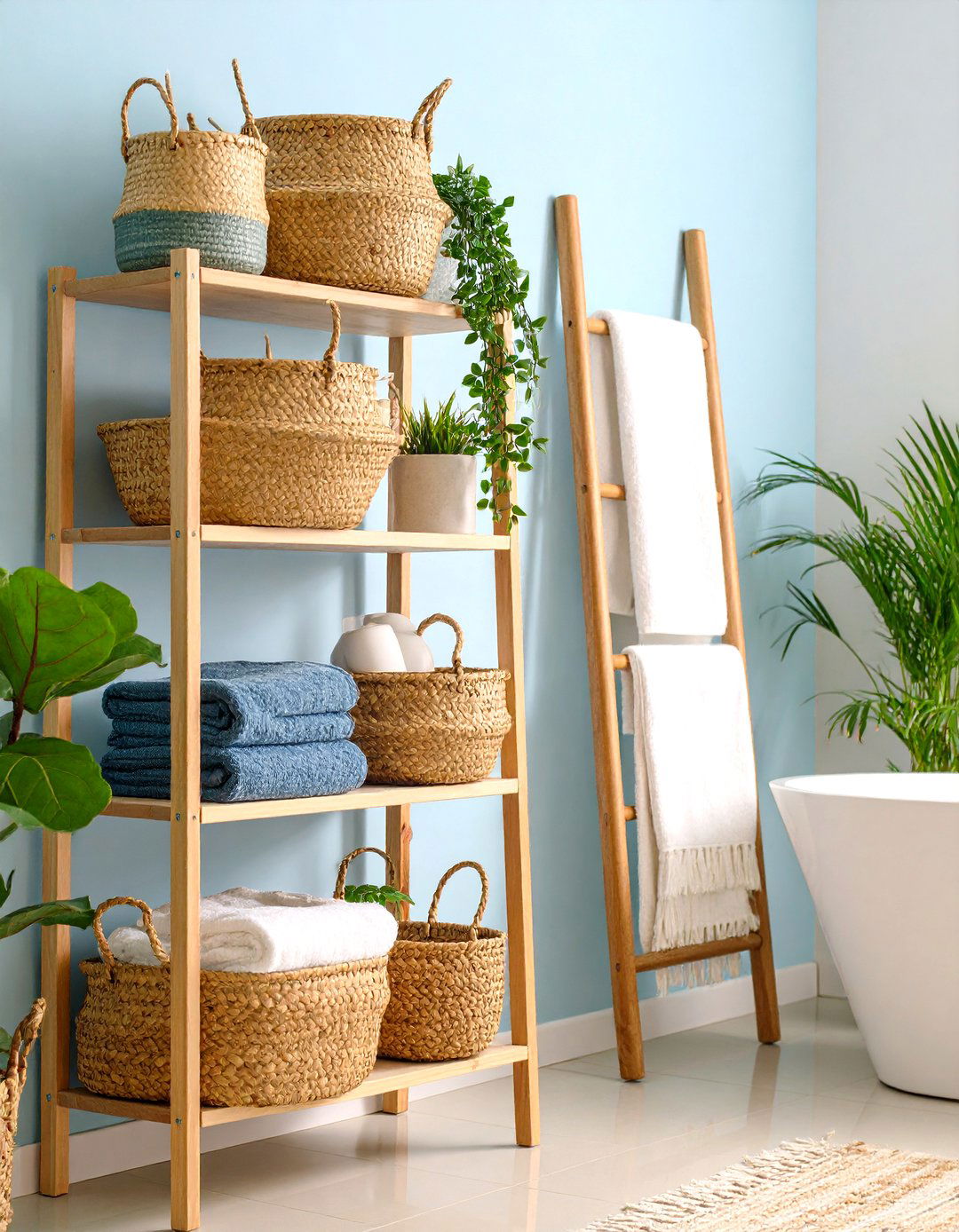 Wicker Storage Bathroom Retreat - 24 Boho Farmhouse Decor Ideas